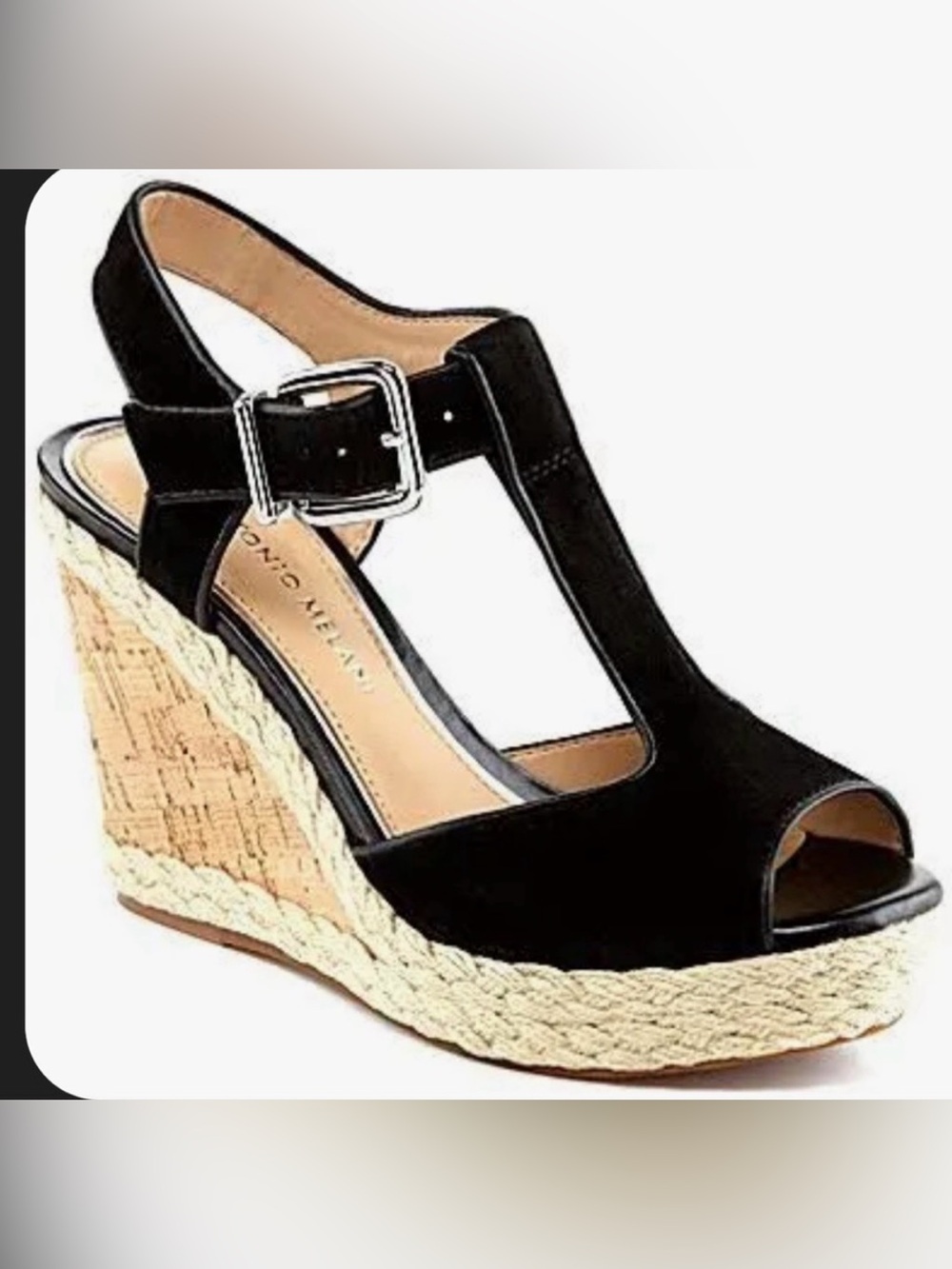Antonio Melani 8.5M Black Espadrille Yardley Cork Wedge Sandals T Strap Sandal